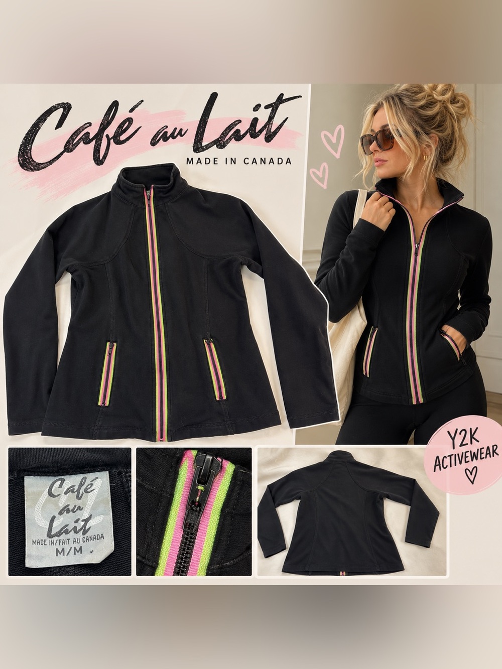 Cafe au Lait Black Track Jacket M Pink Green Zip Y2K Made in Canada